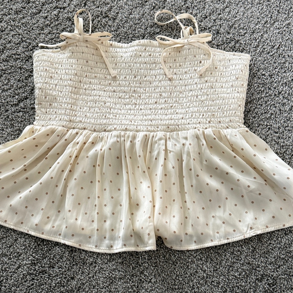 American Eagle Cream Polka Dot Smocked Top